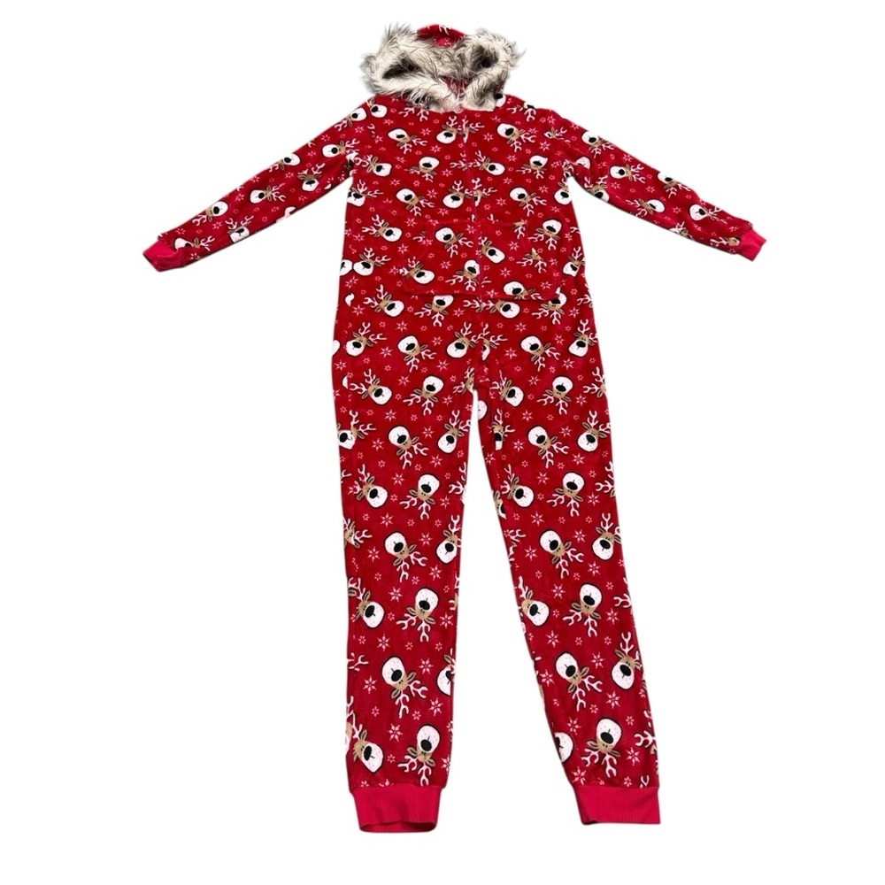Secret Treasures Red Reindeer Faux Fur Hooded Costume Onesie Pajamas Size Large